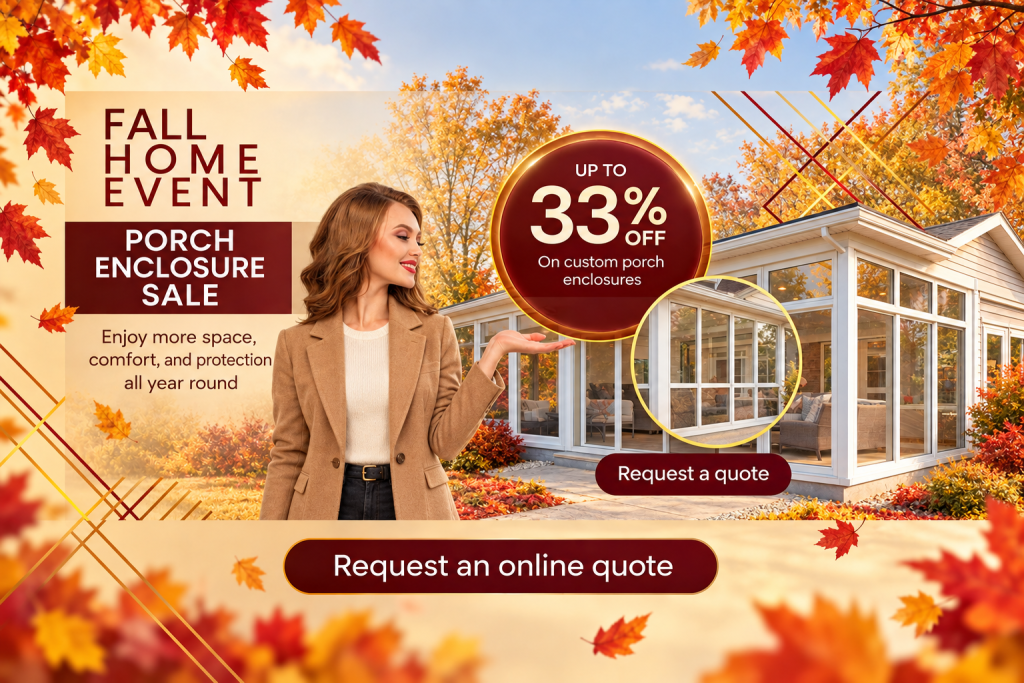 fall sale porch enclosures full » Vinyl-Professionals STAGING Fall home event banner advertising porch enclosure sale with a smiling woman in a tan coat beside a glass porch on an autumn backdrop.