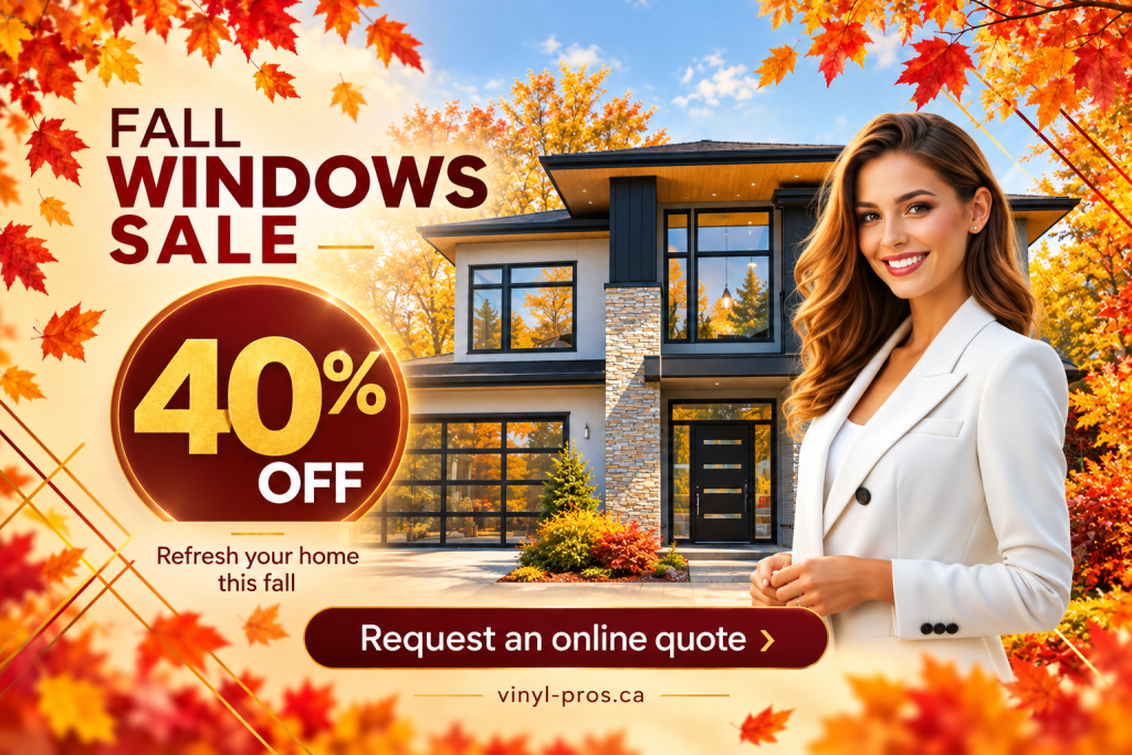 Fall windows sale 40 off » Vinyl-Professionals STAGING Fall Windows Sale promo showing a modern home, autumn leaves, and a smiling agent, with 40% off and a button to request an online quote.